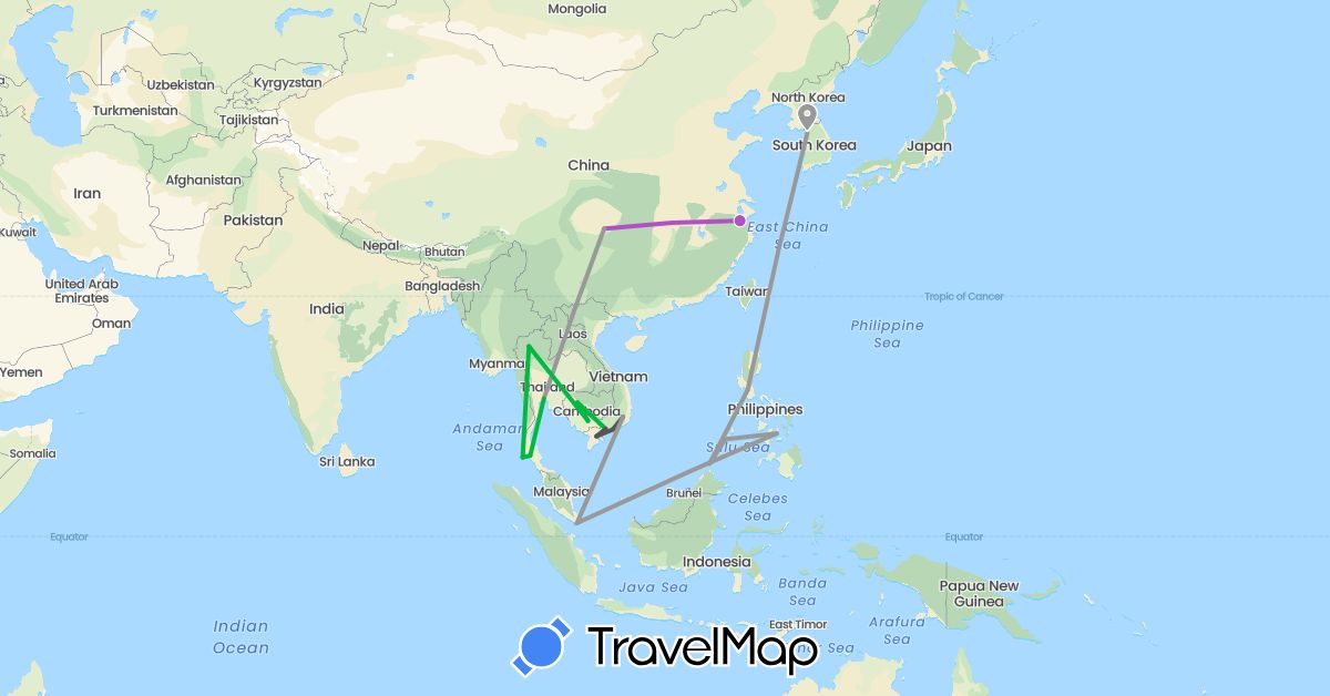 TravelMap itinerary: driving, bus, plane, train, motorbike in China, Cambodia, South Korea, Malaysia, Philippines, Singapore, Thailand, Vietnam (Asia)